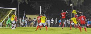 Spectators were thrilled by the high-flying action between the national under-17 team and Guaya United at the launch of the 2017 BPTT
 Razack Jan Memorial Mayaro Football League at the Ortoire Recreation Ground.