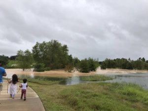 Overflowing lakes: Trinidad national, Stacy Ann, along with her husband and two young children (latter three seen in this photo) took a walk on Saturday to check out overlfowing lakes in their Houston, Texas neighbourhood following Hurricane Harvey; downgraded on August 26 to a Tropical Storm. PHOTO COURTESY STACY ANN.