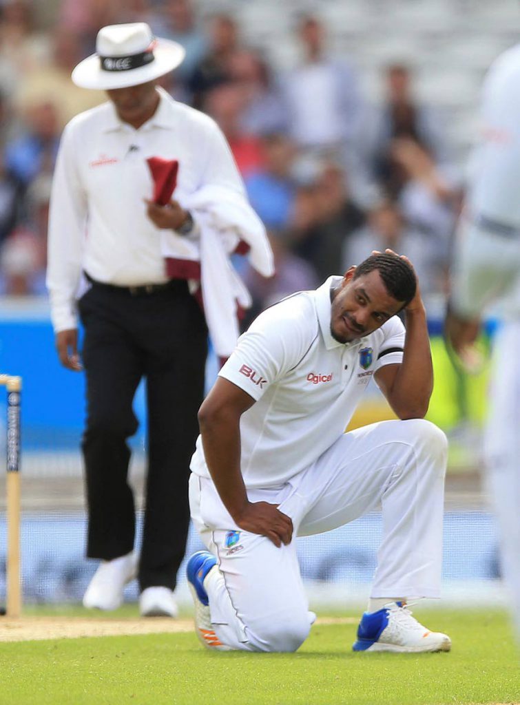 West Indies Shannon Gabriel reacts after England’s Joe Root is dropped in the slips during the second Test match.