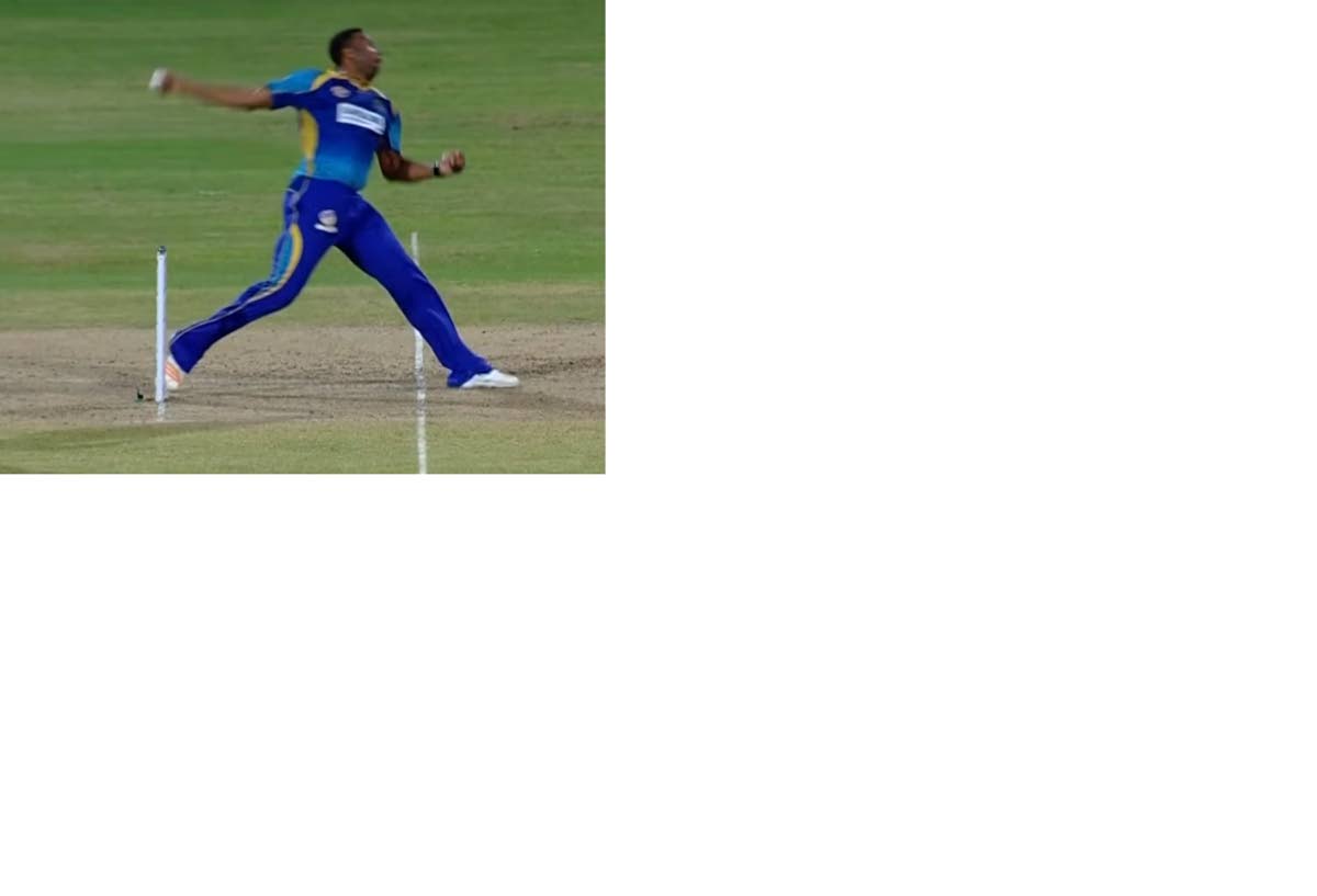 NO BALL: Barbados Tridents captain Kieron Pollard steps over the crease while bowling against St Kitts and Nevis Patriots’ Evin Lewis.