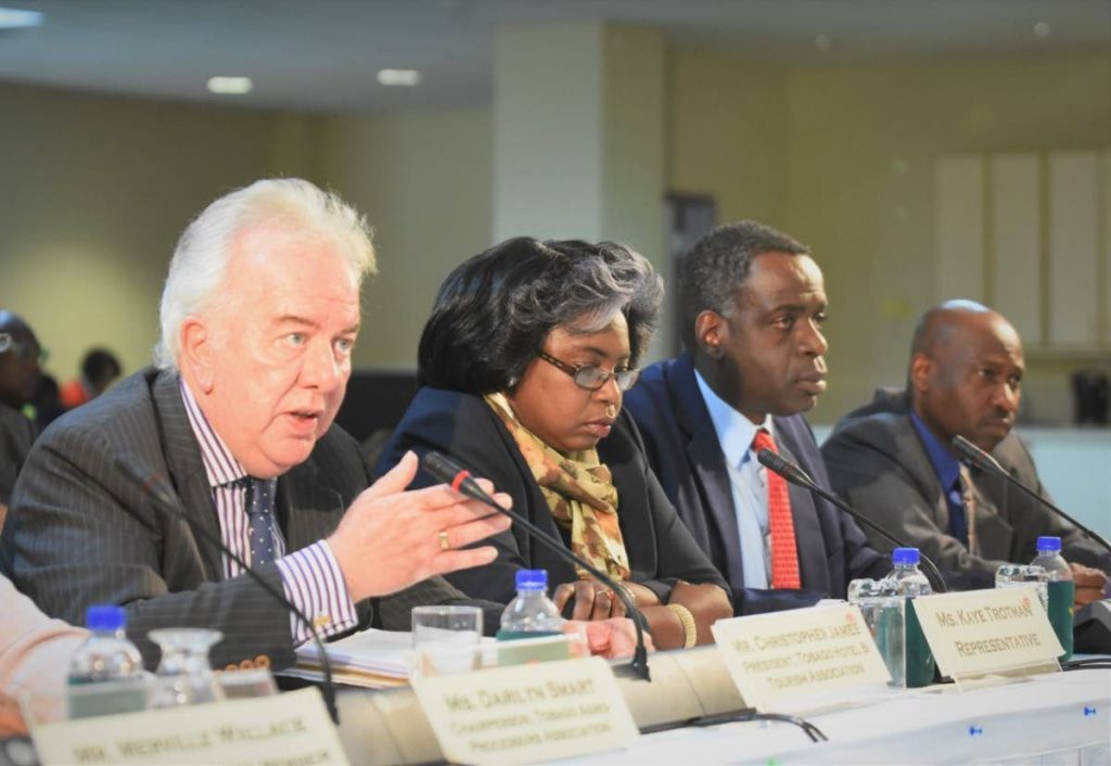 Chris James, left, President of the Tobago Hotel and Tourism Association, addresses the Joint Select Committee (JSC) on the procurement and maintenance of the inter-island ferries at its hearing Wednesday at the Victor E Brice Complex in Scarborough. Others in photo are, Kaye Trotman, Dedan Daniel and Ted Gries, right.