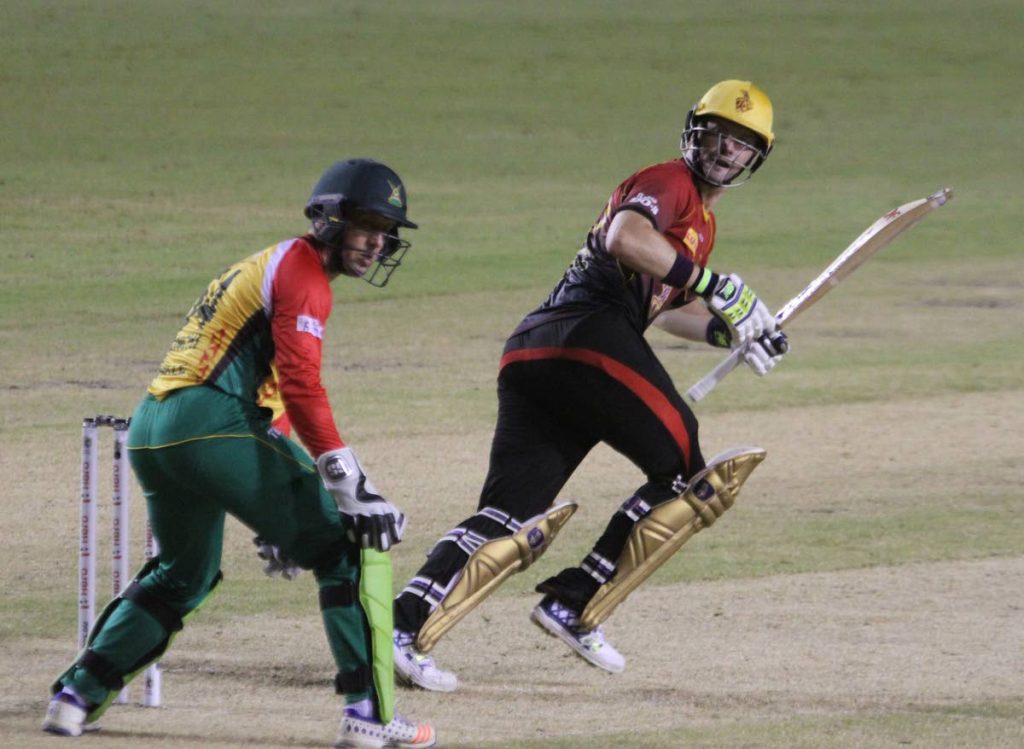 Trinbago Knight Riders’ Colin Munro glances a delivery to the leg-side against the Guyana Amazon Warriors on Thursday in a match-winning knock to take his team to tonight’s CPL final.