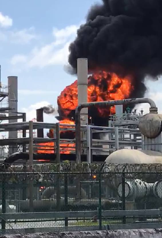 A video screen grab of the fire at Atlantic LNG in Point Fortin yesterday.