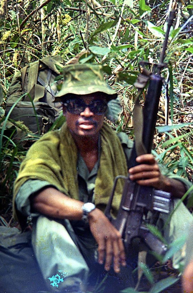 Dalton Narine, serving with the First Aviation Brigade and First Infantry Division as a combat controller. This image was taken in thee Ho Bo Woods soon after he walked into a termite mound that drew hundreds of black ants. PHOTOS COURTESY DALTON NARINE