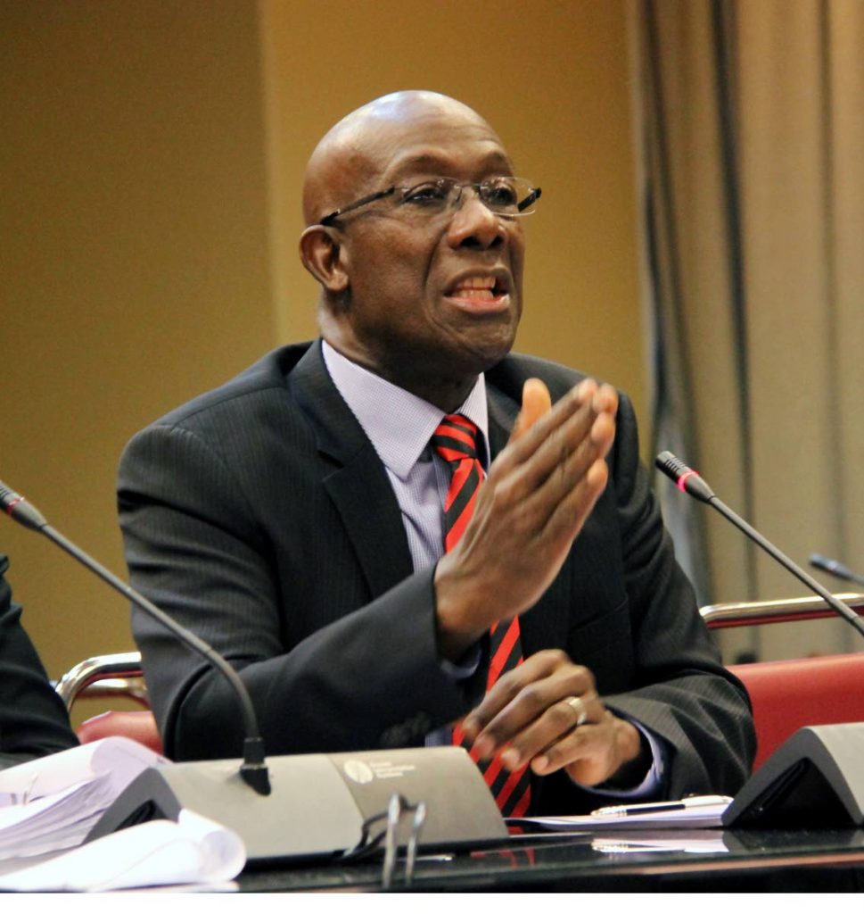 ON THE GO: Prime Minister Dr Keith Rowley as he attacked corruption at the Port Authority while speaking before Parliament’s Joint Select Committee yesterday. 