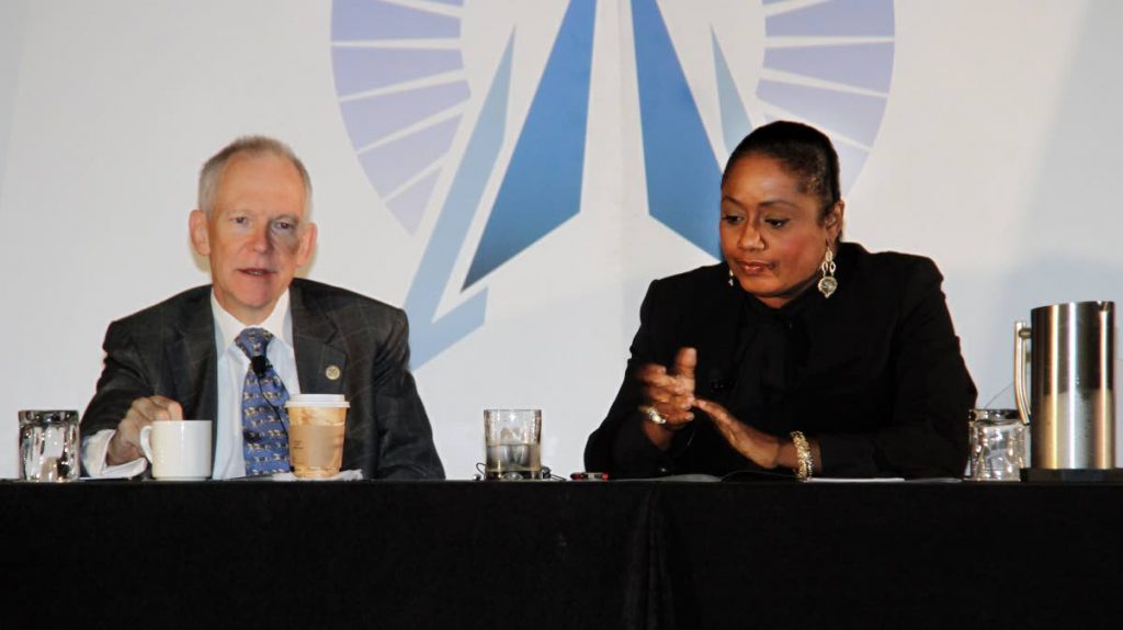 Criminologist Renee Cummings right and Dr Williams S Rees Jr former Deputy Under Secretary of Defence USA at the Caribbean Security Forum at the Hyatt Regency in Port of Spain  21-09-17 PHOTO SUREASH CHOLAI