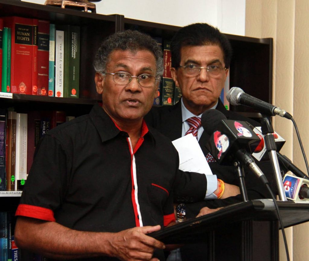 Drilling Manager of A&V Oil and Gas Limited, Nazir Ali, left, and attorney Ramesh Maharaj during a press conference held at RLM law chambers in San Fernando.