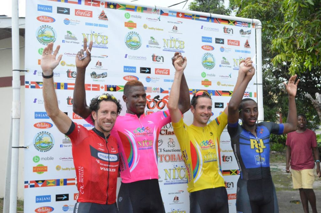 Emile Abraham, left, at the 2017 Tobago International Cycling Classic last month.