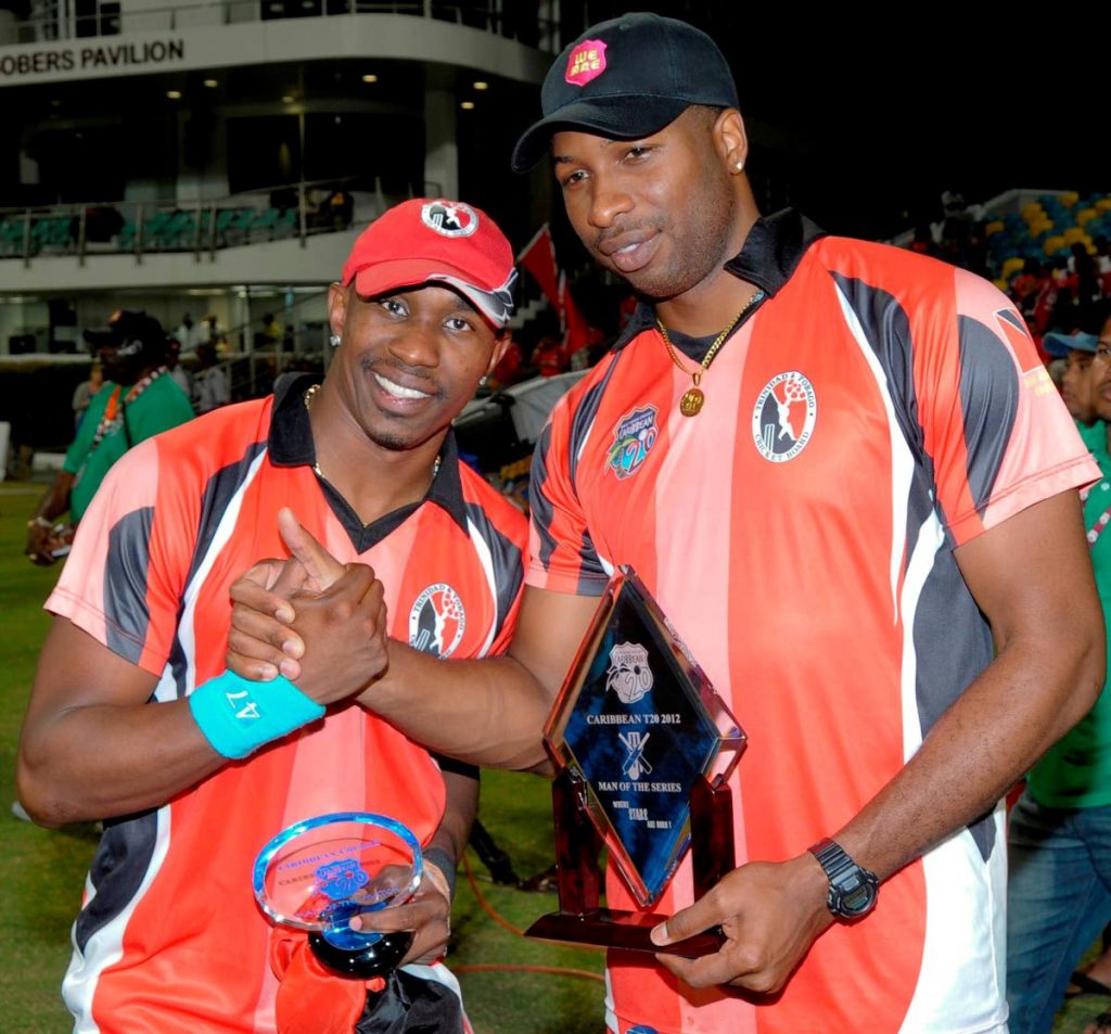 T20 stars Dwayne Bravo, left, and Kieron Pollard will be on the Red Force team next weekend for the hurricane relief T20 vs a Caribbean XI at the Queen's Park Oval, St Clair. 