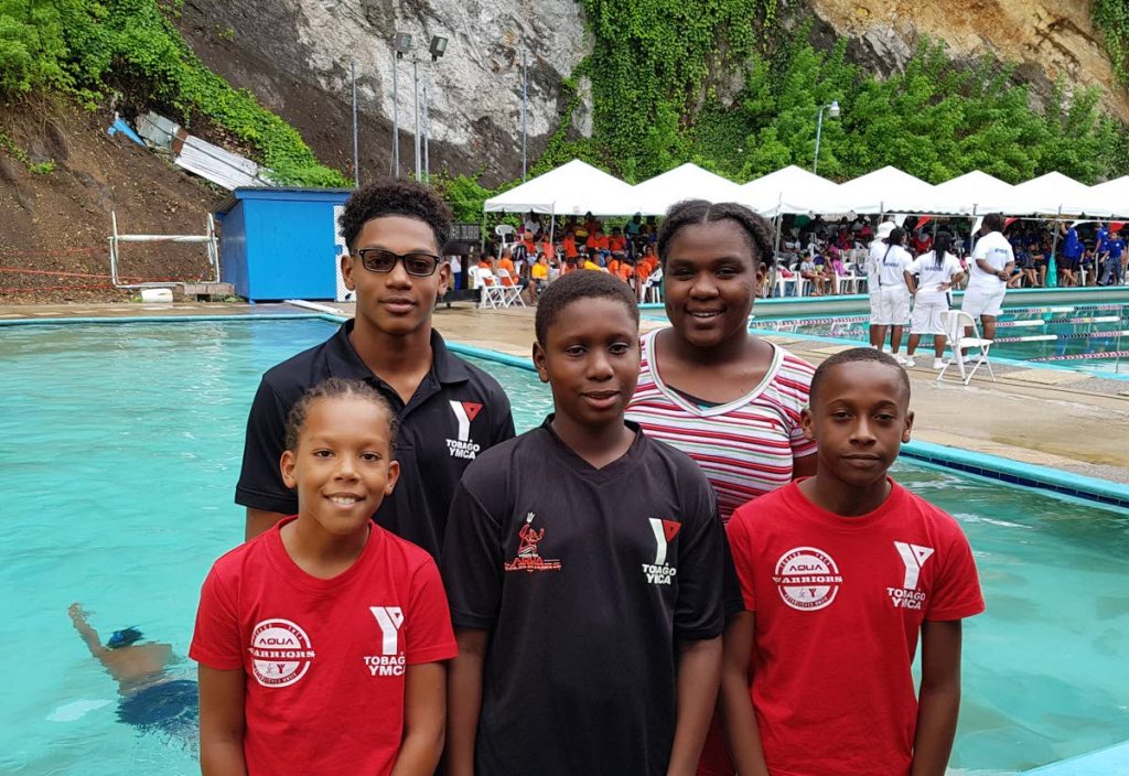 YMCA Aqua Warriors swimmers (back row, from left) Nicholai Peterkin, Brianna Percy, (front row, from left) Theo Bicknell-Roberts, Justin Thomas and Timothy Clarke.