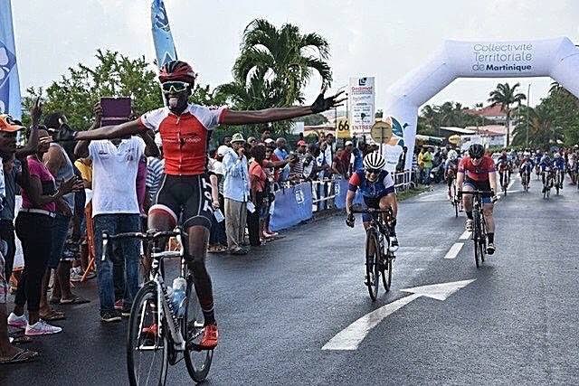 Teniel Campbell celebrates her win in the women's road race at the 2017 Elite Women Caribbean Road Cycling Championships in Martinique.