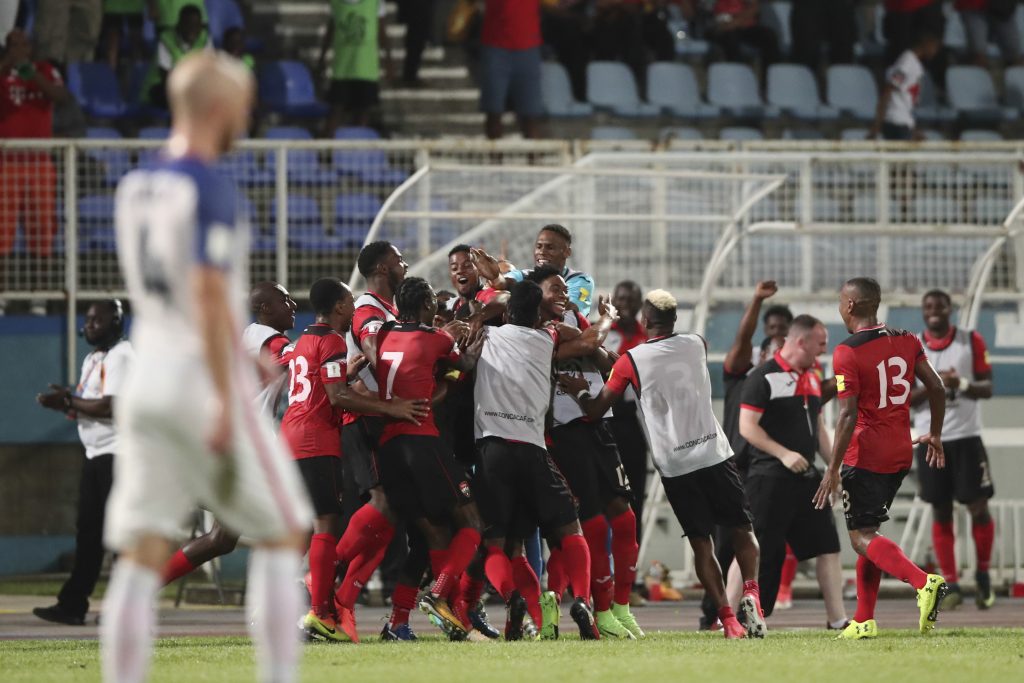 T&T celebrates Alvin Jones stunning goal to make it 2-0 vs USA during Russia 2018 FIFA World Cup Qualifier match at the Ato Boldon Stadium, Couva. PHOTO BY CA-Images