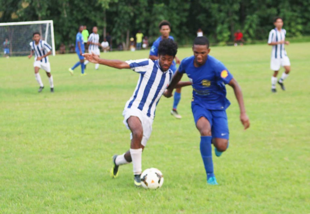 Shiva Boys and St Mary’s in action during a Secondary Schools Football League game earlier this season.