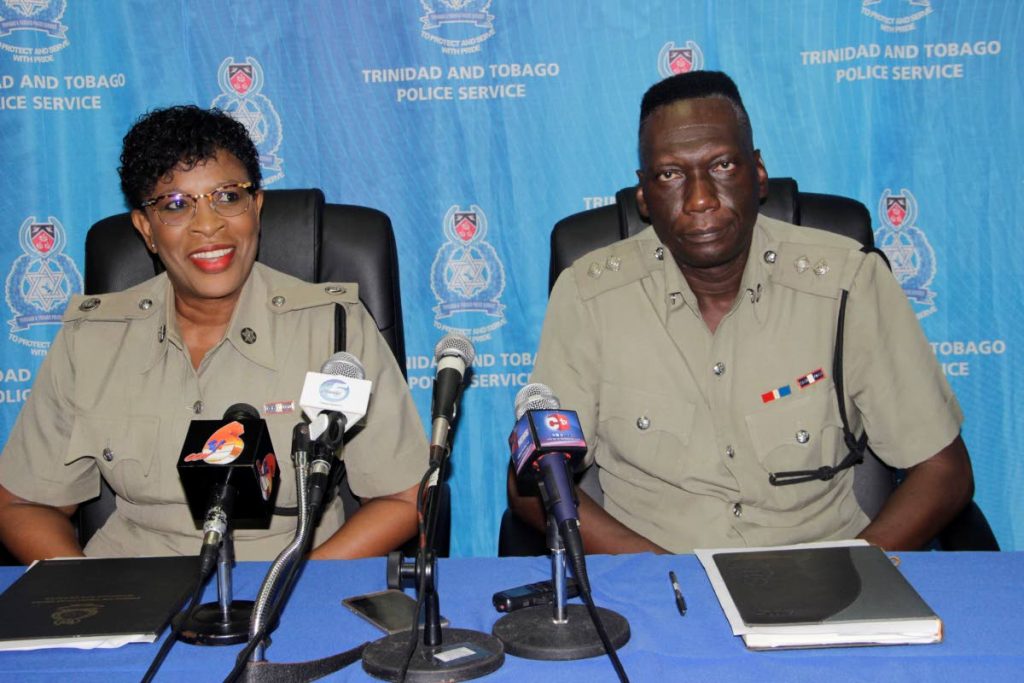 Senior Superintendent Joanne Archie of the Tobago Division, TT Police Service and Superintendent Sterling Roberts at a press conference at the Scarborough Police Station. November 3, 2017.
