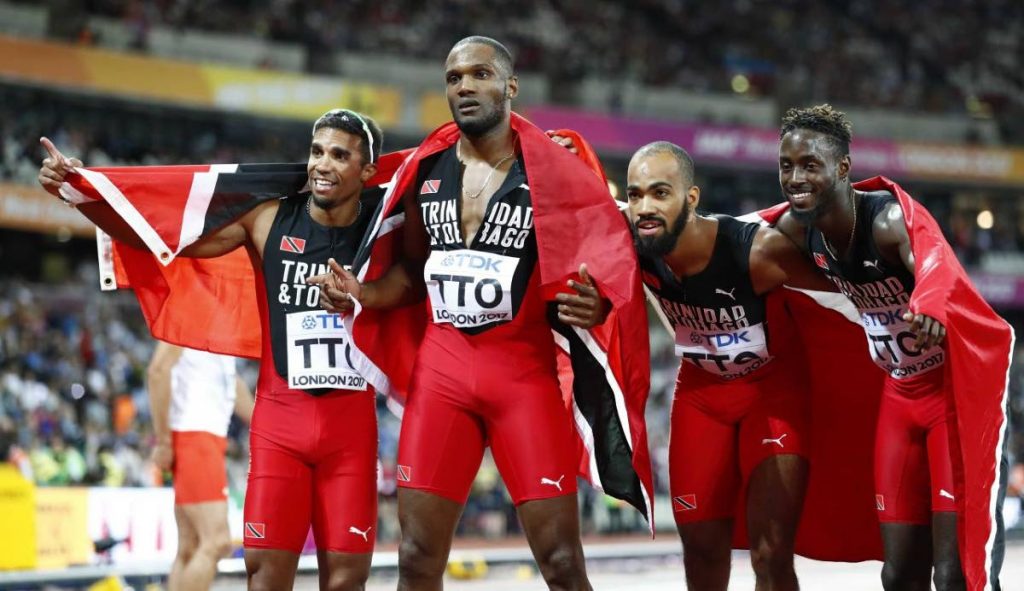 2017 World champs (from left) Jarrin Solomon, Lalonde Gordon, Machel Cedenio and Jereem Richards pose after winning gold in the 4x400 final in London.