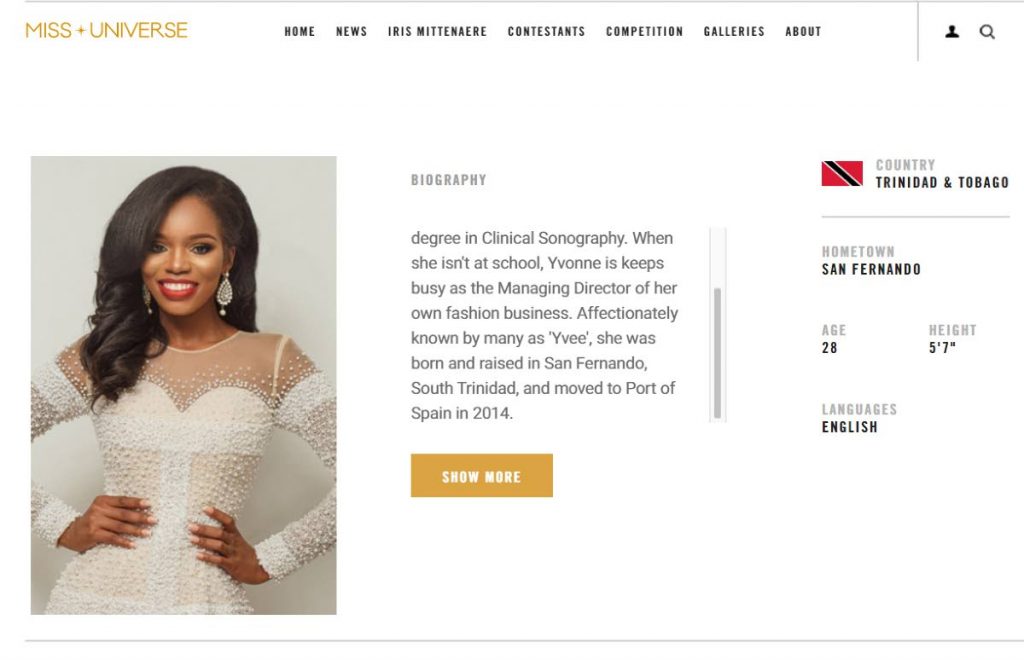 Miss TT on-line: A screen-grab of part of the profile of Miss TT Yvonne Clarke on the Miss Universe website yesterday.