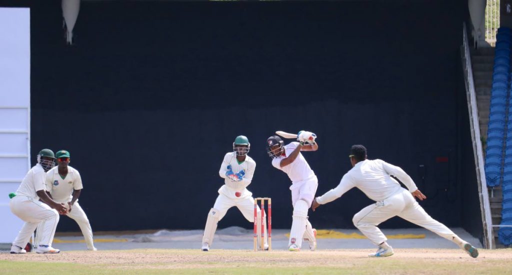 Red Force batsman Tion Webster plays a shot against the Jamaica Scorpions at the Brian Lara Academy in Tarouba.