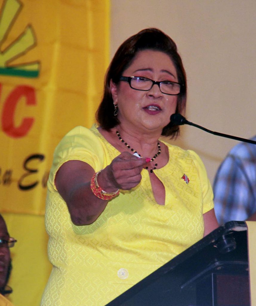 FIGHTING MODE: United National Congress political leader Kamla Persad-Bissessar takes on Vasant Bharath, her rival for leadership of the party, at the Monday Night Forum held at the Couva South Constituency Office.
