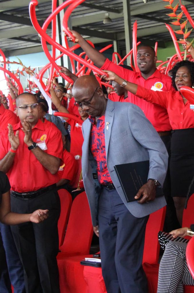 File photo: PNM Political Leader and Prime Minister, Dr Keith Rowley is welcomed on stage to give the feature address at the party’s annual Convention, Grand Stand, Queen’s Park 
Savannah.