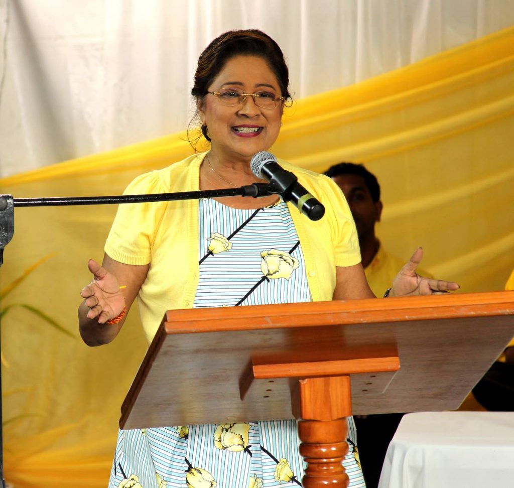 Political leader of the United National Congress, Kamla Persad-Bissessar, speaking at a cottage meeting ahead of the UNC's internal election on November 26. PHOTO BY LINCOLN HOLDER.