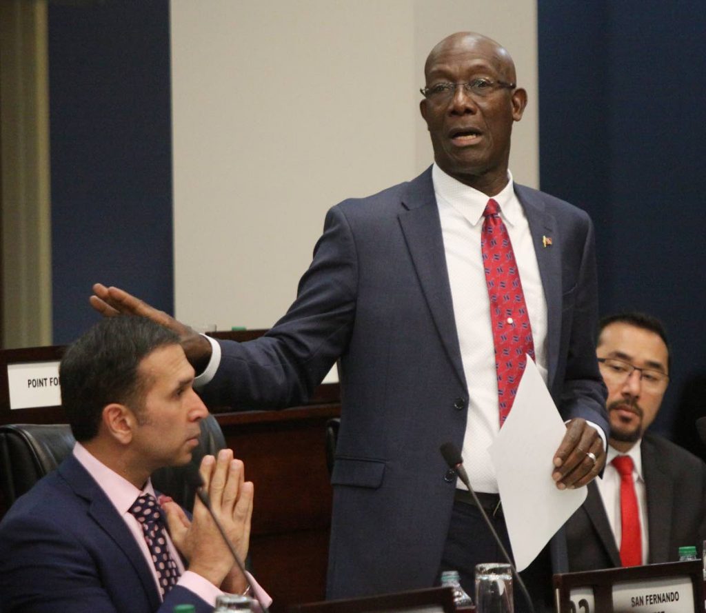 Prime Minister Dr Keith Rowley makes a point in Parliament yesterday where he addressed the China visit issue.