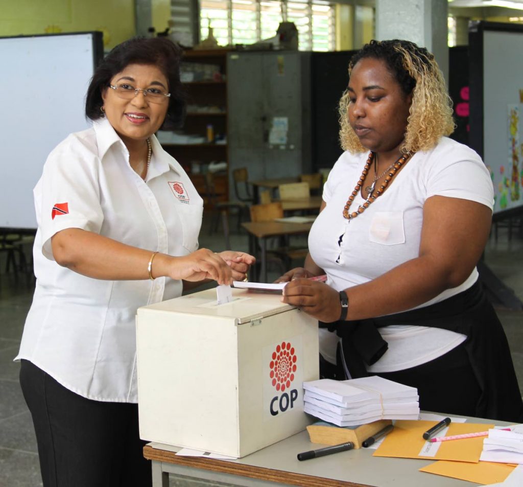 The COP’s Carolyn Seepersad-Bachan casts her vote yesterday at the Tunapuna Hindu primary school for the party’s leadership. Seepersad-Bachan is vying for the leadership of the party.