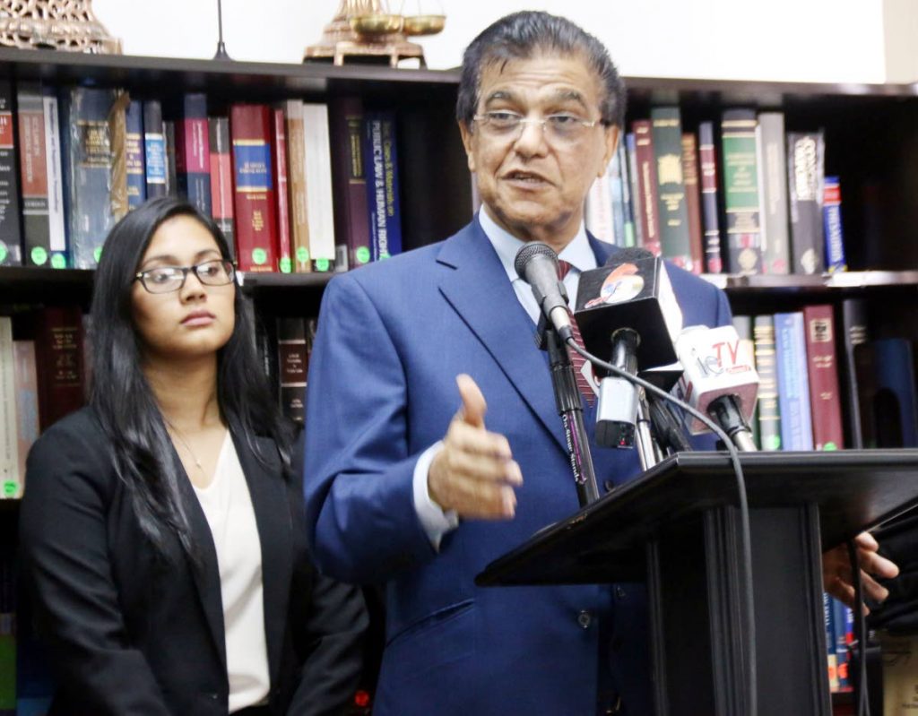 Attorney Ramesh Lawrence Maharaj speaking at a media briefing at his Irving Street, San Fernando office yesterday.