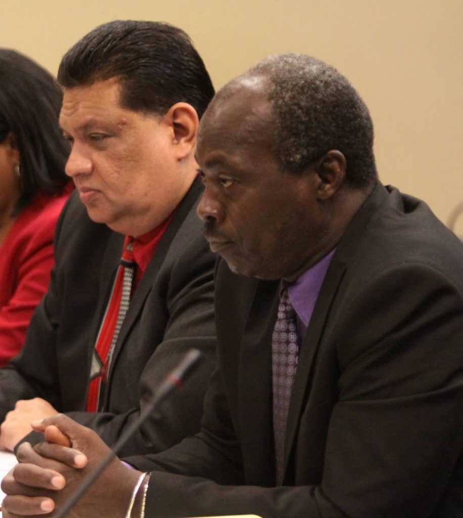 HOT SEAT: EFCL Chairman Ricardo Vasquez, left, and Ag general manager Dennis Cox yesterday at a Joint Select Committee meeting in the Parliament in Port of Spain. PHOTO BY ANGELO MARCELLE