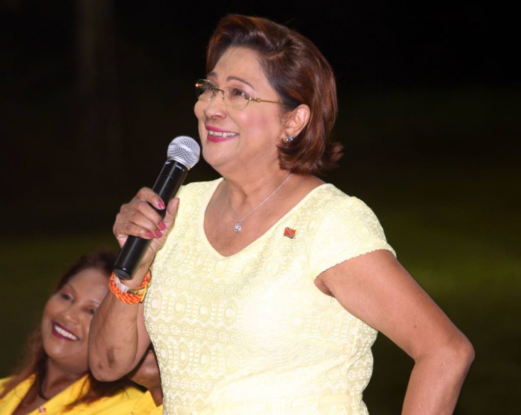 Kamla Persad-Bissessar addresses a meeting she held in Couva on Tuesday night ahead of Sunday’s internal elections for the United National Congress. PHOTO BY ANSEL JEBODH.