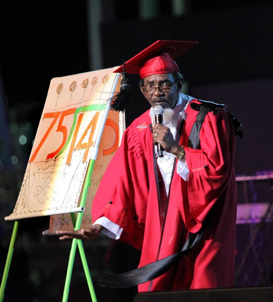 KAISO KING: Dr Hollis “Chalkdust” Liverpool in his performance of Learn from Arithmetic, a song denouncing child marriage, to win his ninth Calypso Monarch crown at the 2017 final.