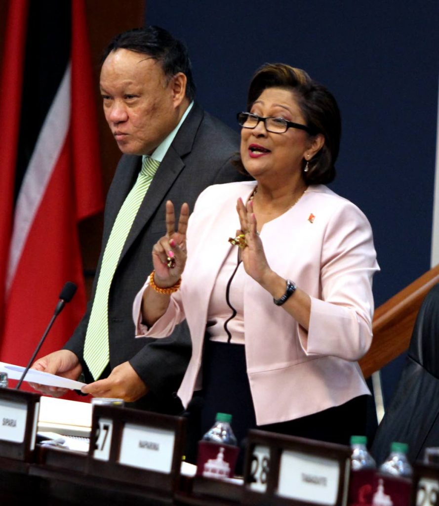 Leader and deputy: UNC deputy leader David Lee and Opposition Leader Kamla Persad-Bissessar during a Lower House sitting in October. The UNC denies proposing any nominee to be the next President.