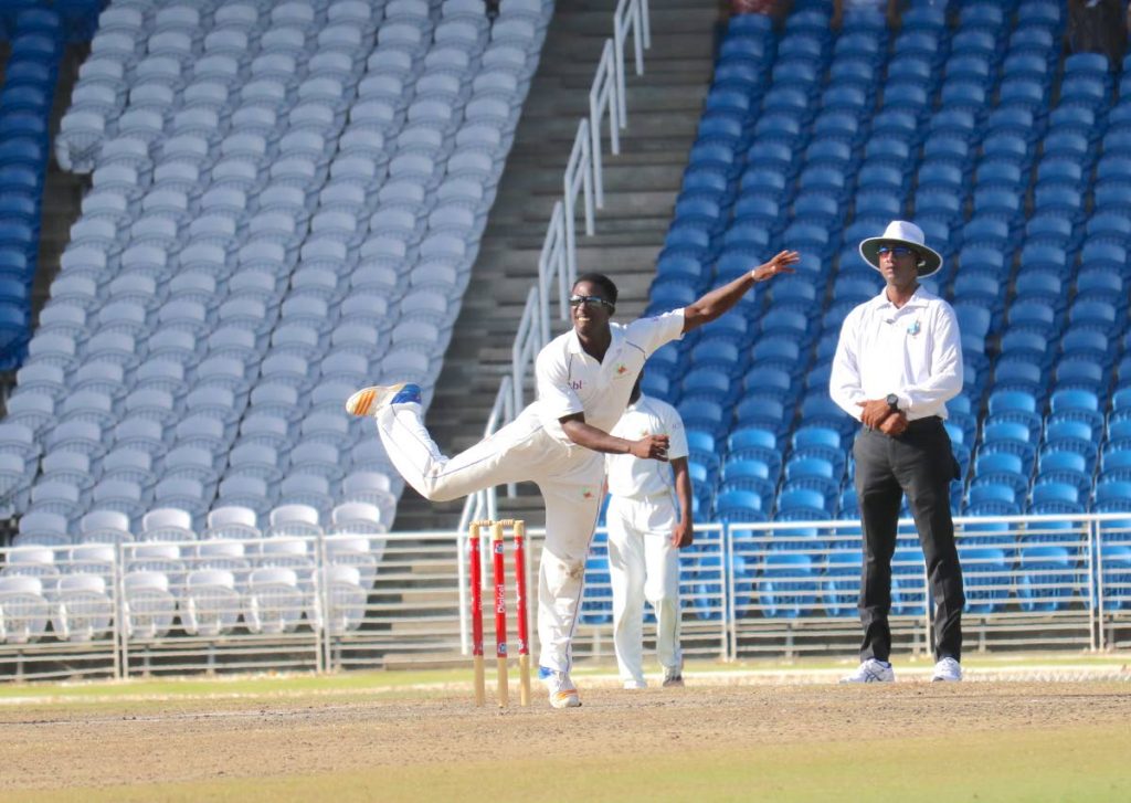 Barbados Pride spinner Hayden Walsh sends down a delivery against the Red Force yesterday on day four of their four-day clash at the Brian Lara Academy, Tarouba.
