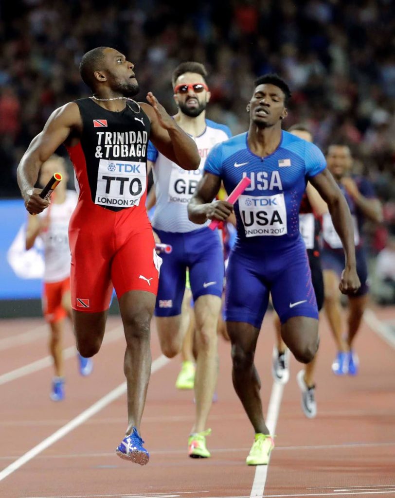Lalonde Gordon, left, anchors Trinidad and Tobago to a sensational victory in the Men’s 4x400m relay final at the World Championships in London.