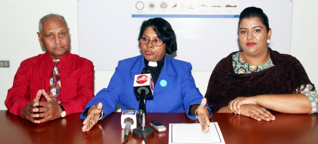 BIG PLANS: From left, Lennox Sirjuesingh; Moderator of the Presbyterian Church, the Rt Rev Annabell Lalla-Ramkelewan and Simone Singh-Sagar at a news conference yesterday at the Synod’s office in San Fernando. PHOTO BY ANSEL JEBODH