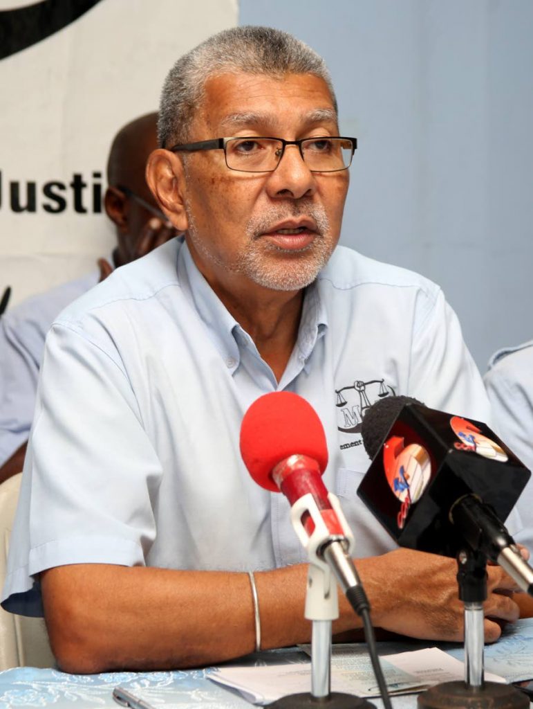 Movement for Social Justice political leader David Abdulah at a press conference yesterday at the party’s San Fernando office.