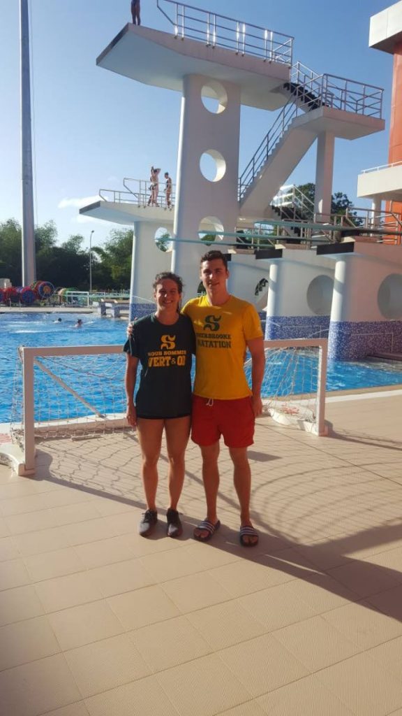 TROPICAL TRAINING: Sherbrook University’s Simonne Couture, 24, lef, and Hugo Lemay, 22, (right) at the National Aquatic Centre, Couva recently.