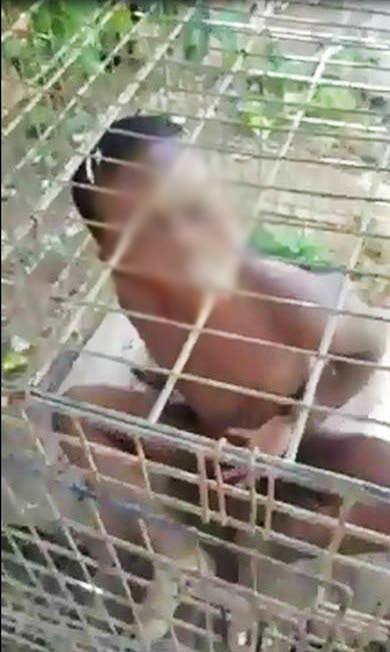 Video footage of a young child in a cage has surfaced on social media. The video which appears to have been taken in Trinidad shows a child trapped in a small cage as he curses a male relative who is recording him.