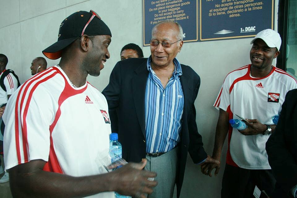 The late former President George Maxwell Richards, centre, has a laugh with ex-TT captain Dwight Yorke, left, and ex-forward Stern John, right, during a 2010 World Cup qualifier against Guatemala in Guatemala City in 2008.