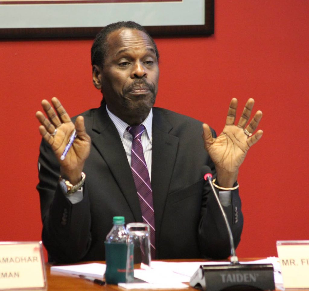 Chairman of the Joint Select Committee on National Security Fitzgerald Hinds makes a point during yesterday’s sitting at the ANR Robinson Room at Tower D.