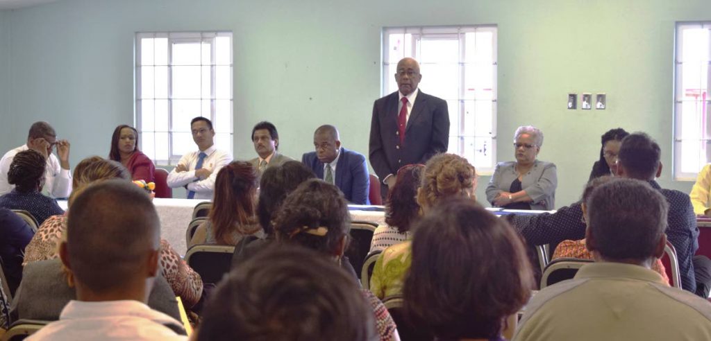 Education Minister Anthony Garcia addresses teachers at the Princes Town East Secondary School yesterday.