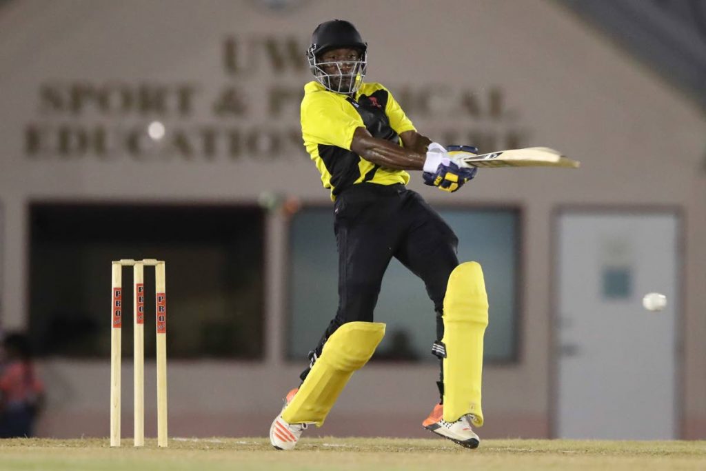 Merry Boys’ Rishaad Harris on the attack against UWI in the UWI-UNICOM T20 Tournament on Saturday at the Sir Frank Worrell Ground, UWI, St Augustine.