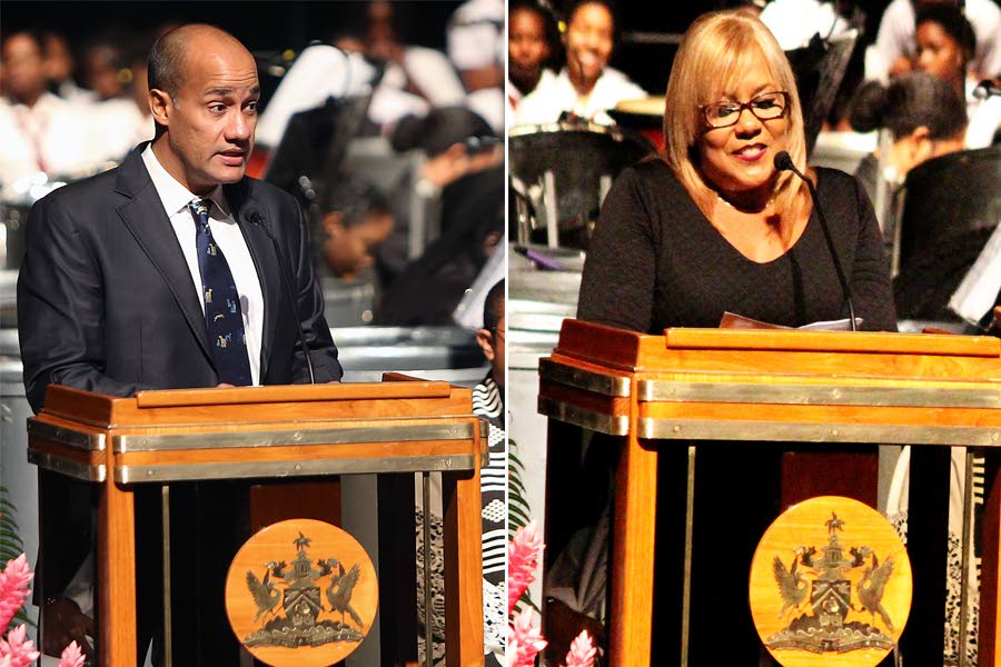 REMEMBERING DAD: This composite photo shows Dr Mark Richards and his sister Maxine delivering eulogies yesterday at the funeral for their father, former president George Maxwell Richards at the NAPA in Port of Spain. PHOTO BY ROGER JACOB