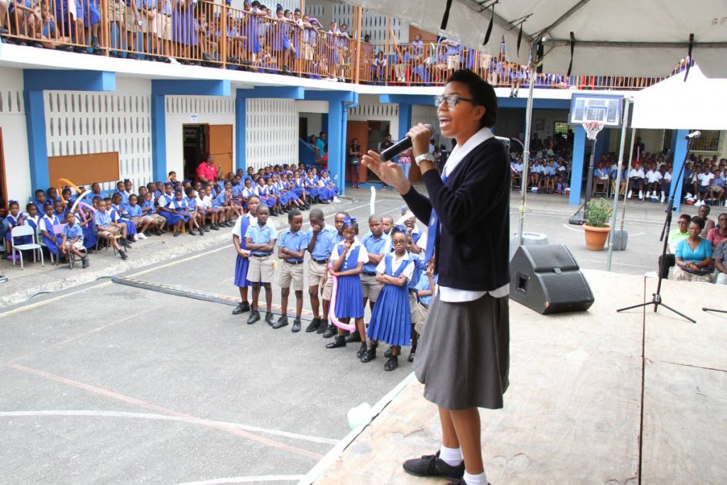 2016 National Junior Calypso monarch Sharissa Camejo performs for students of the Morvant Anglican School at the launch of the 2018 TUCO/FCB National Junior Calypso Monarch competition and Junior Calypso Roving Tent.  PHOTO BY SUREASH CHOLAI
