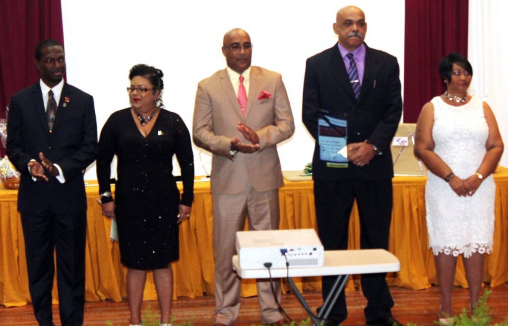  left to right are the finalists of the frank b seepersad memorial teacher of the year award , adriel benjamin , nadia carleen khan-forte  , shiva gerard harry , ephraim ramkissoon , fay-ann ryan on Thursday evening at the bureau of standards building , macoya 
photo by enrique assoon 
1-19-18