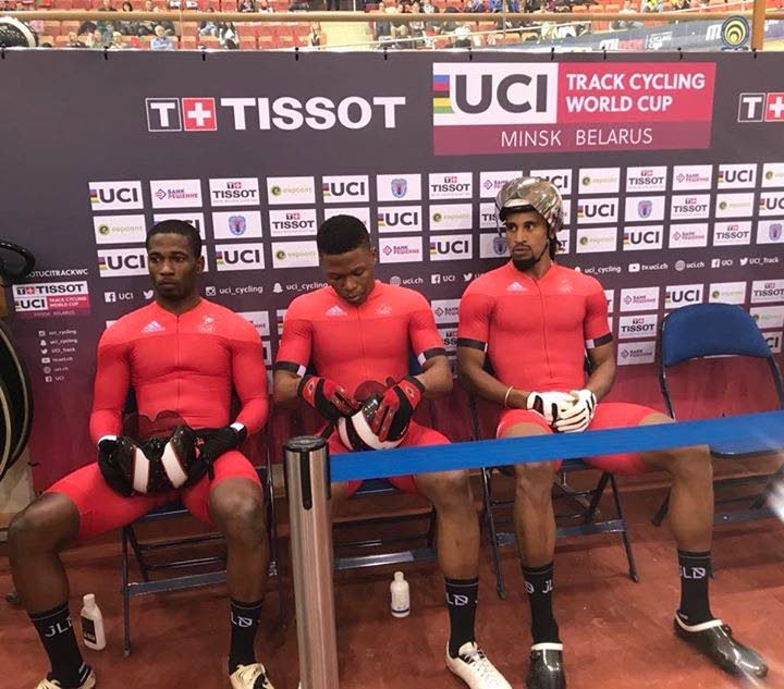 The TT cycling trio of Kwesi Browne, from left, Nicholas Paul, and Njisane Phillip at the Cycling World Cup in Belarus.


