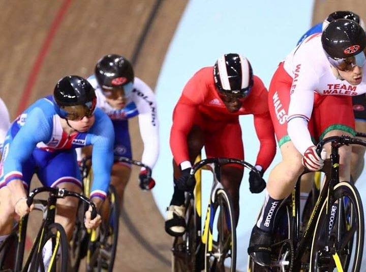 Kwesi Browne, second from right, competes in the men’s keirin at the UCI Track Cycling World Cup in Belarus yesterday.