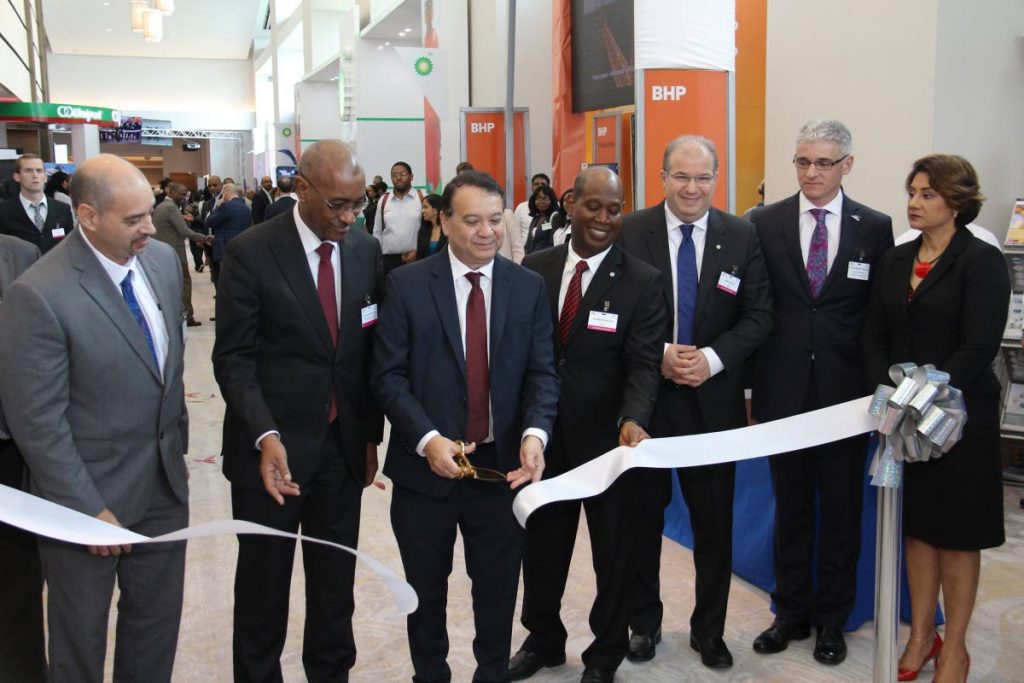 Energy Chamber chairman Eugene Tiah, Public Utilities Minister Robert Le Hunte, Energy Minister Franklin Khan, Norman Christie  regional president, BPTT, head of Global Operations Upstream BP Fawaz Bitar, Dr Thackwray Driver president & CEO Energy Chamber and Karen Darbasie Group CEO FCB cut the ribbon on day one of the 2018 Energy Conference at Hyatt yesterday.