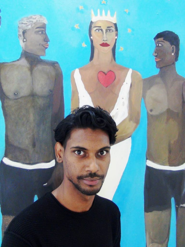 Artist Ryan Huggins stands in front of one of his paintings, Queen of Queens (Fag Hag), oil on linen. Huggins says 'fag hag' is not a derogatory term but rather a term used affectionately to describe a female who is a good, supportive friend to gay men.
