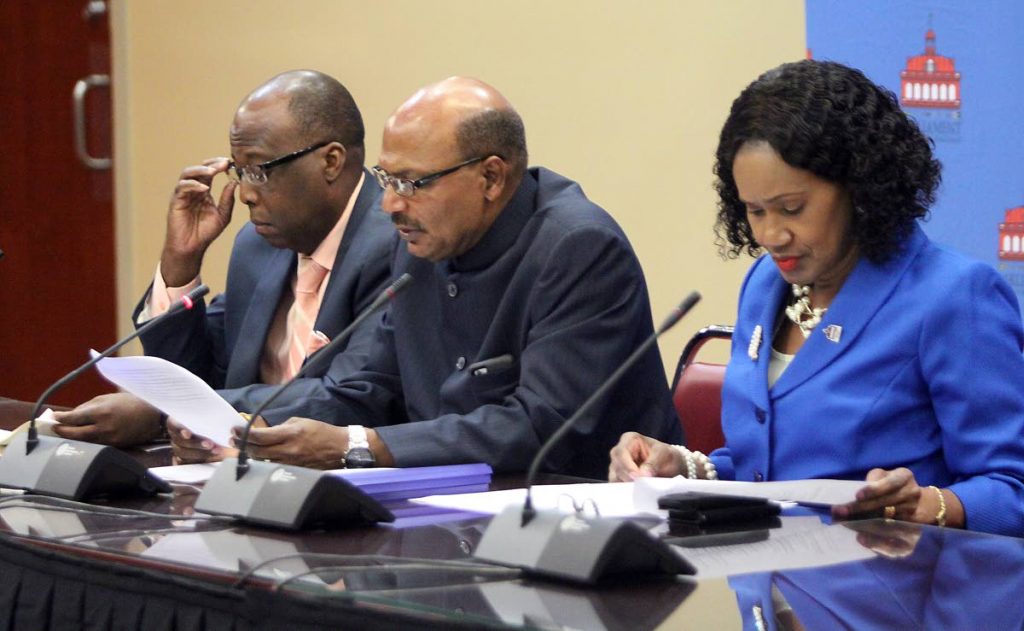 Public Accounts (Enterprises) Committe (PAEC) member David Small, chairman Wade Mark and member Jennifer Primus, during a press conference in the J. Hamilton Room, Parliament Building, Port of Spain.

PHOTO:ANGELO M. MARCELLE
30-01-2018