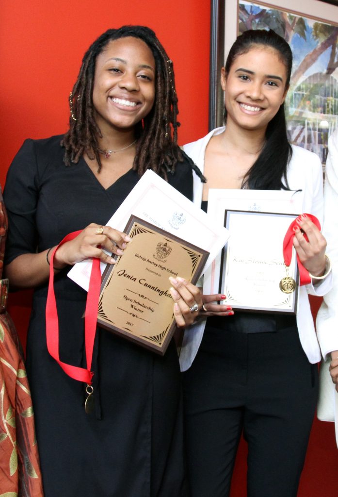 Bishop Anstey High School 2017 scholarship  winners, Jenia Cunnignham, left, and Kai Slaone-Seale during schools awards cermony at Queen’s Hall, St Ann’s. Photos by Sureash Cholai